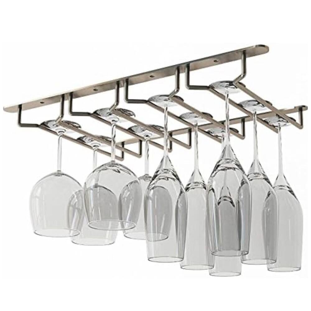 Wallniture Chrome Stemware Rack Set- 4 Section Under Cabinet Wine Glass Holder